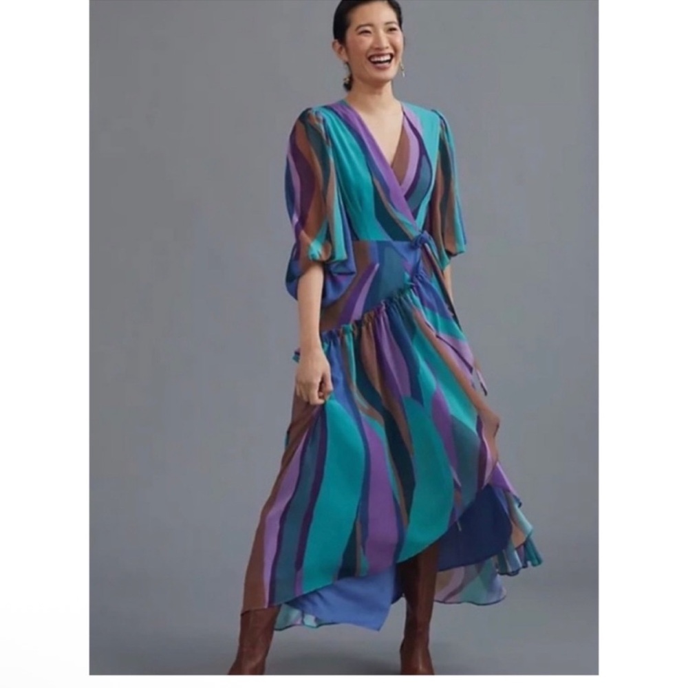 Anthropologie Boho Abstract Stripe Chiffon Maxi Dress Wrap Tiered Flowy dress